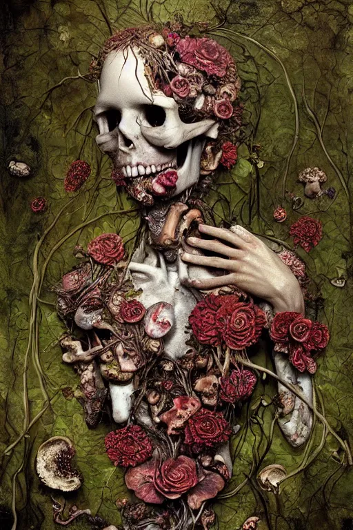 Image similar to beautiful and detailed rotten woman corpse becoming almost a skull with face muscles, veins, arteries, fractal plants and fractal flowers and mushrooms growing around, intricate, ornate, surreal, ray caesar, john constable, guy denning, dan hillier