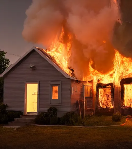 Image similar to melting, plastic house, on fire, cinematic lighting, highly detailed 8 k