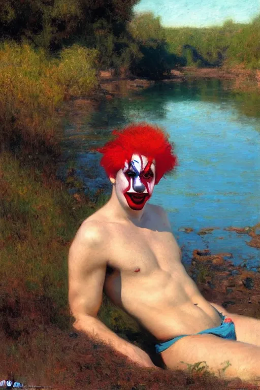 Image similar to attractive man by a river, bright sunlight, oil covered skin, wearing a clown wig and clown makeup, painting by gaston bussiere, craig mullins