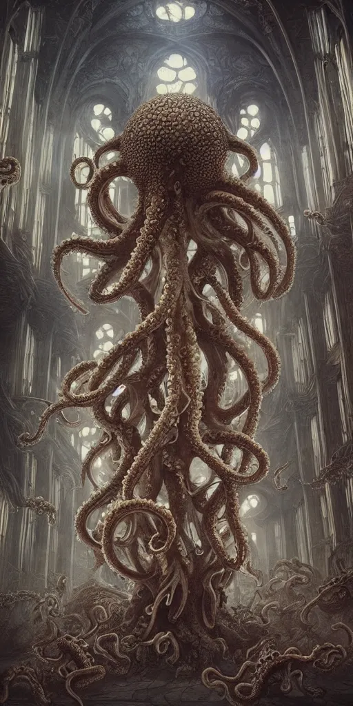 Image similar to group of mankind species mages with enormous octopus heads and jellyfish floating around inside an ancient mage castle hall colossal scale, gothic and baroque, brutalist architecture, ultradetailed, intricate details by Ellen Jewett and Ayami Kojima