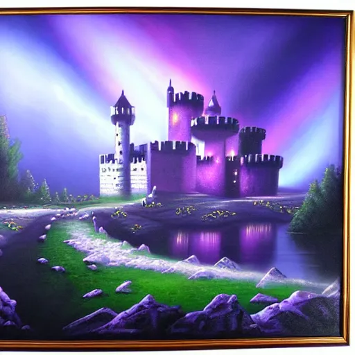 Prompt: beautiful matte airbrush painting of a castle of light, inspired by gilbert williams, clean painting and good lighting, dark blue and intense purple color - w 1 0 2 4