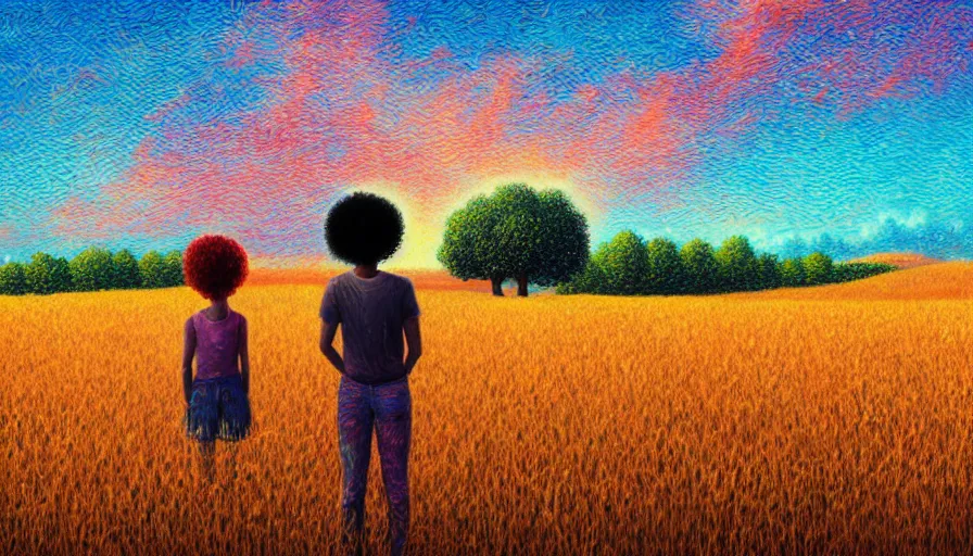 Image similar to daisy afro head, full body, girl watching sunset, empty wheat field, surreal photography, colorful clouds, tree, impressionist painting, colorful clouds, digital painting, pointillism, artstation, simon stalenhag