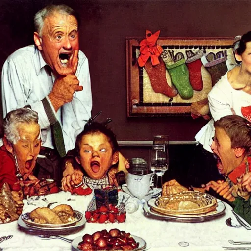 Prompt: a man yelling at his mother during a family christmas dinner by norman rockwell