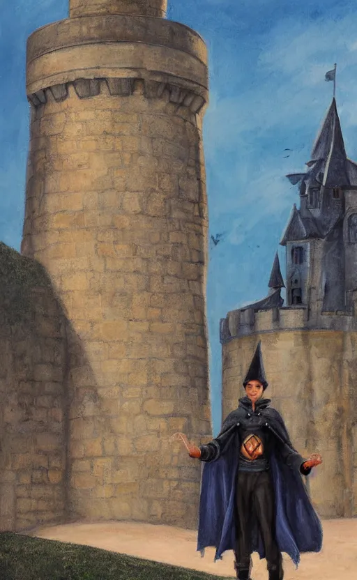 Image similar to young male wizard with black hair in front of a coastal castle tower, art by justin sweet