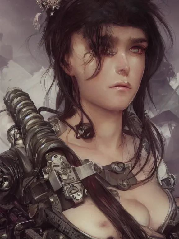 Image similar to close up picture of a uniformed berserker girl with technical devices looking at the camera, cynical, bored, beautiful and aesthetic, intricate, unreal engine, messy hair, highly detailed, detailed face, smooth, sharp focus, chiaroscuro, manga illustration, artgerm, greg rutkowski, alphonse mucha, young adult light novel cover art