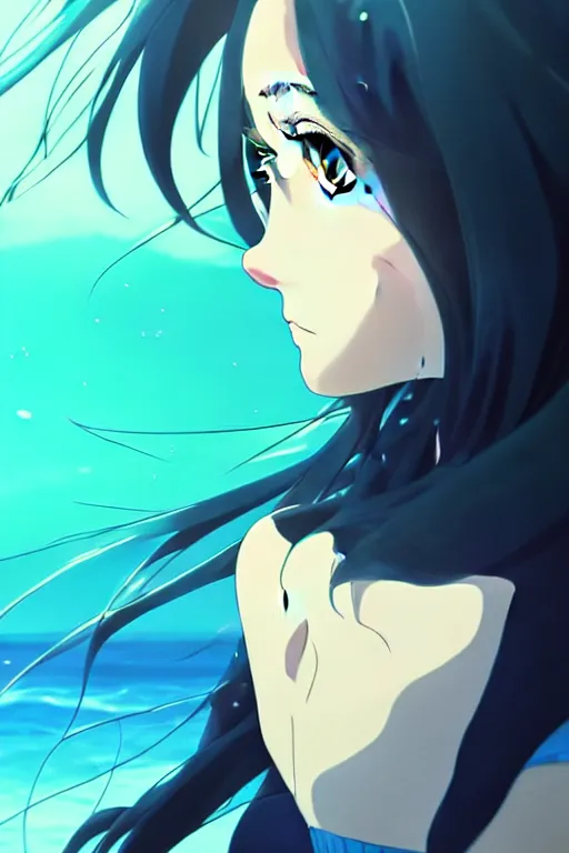 Image similar to makoto shinkai, artgerm, ilya kuvshinov, beautiful anime women with green dress, long blue hair, water powers water swirling, symmetrical face, symmetrical eyes, detailed, beach setting, cinematic lighting