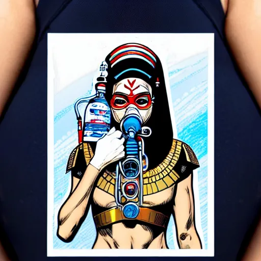 Image similar to a profile photo of a egyptian woman with a diving oxygen mask with side profile blood in ocean intricate details by MARVEL comics and Sandra Chevrier-C