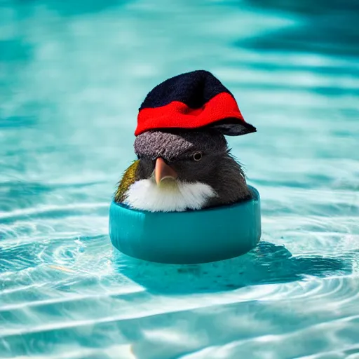Prompt: a kiwi bird with a wooly hat sitting on a float in a pool, 35mm photograph