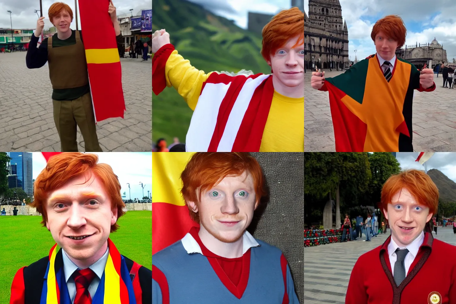 Prompt: Ron Weasley from harry potter in front of the peruvian flag