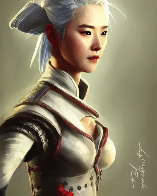 Image similar to Zhang Ziyi as Ciri from Witcher 3 by Artgerm and Greg Rutkowski, wearing haute couture by schiaparelli, sharp focus, sun rays, intricate, elegant, highly detailed, digital painting, masterpiece.