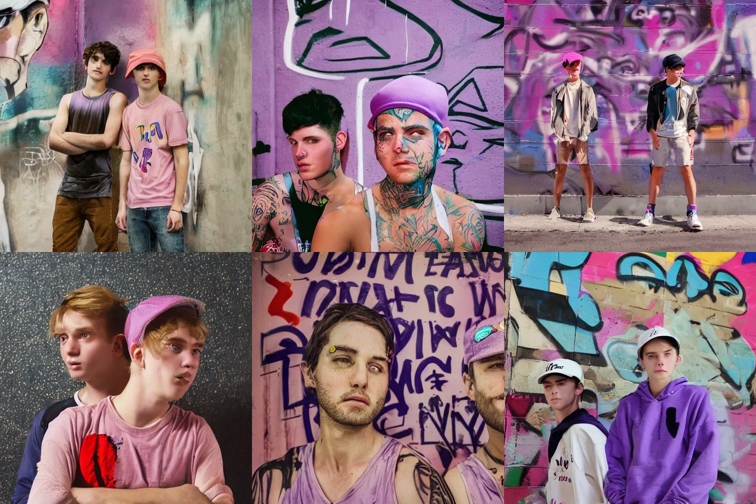 Prompt: portrait of two boys ( university students ) with light freckles wearing a violet velour basecap and tanktop, looking shyly into the camera for a cover of a gay print magazine, f 1. 4, award winning photograph, experimental lighting, soft focus, city + graffiti background