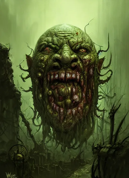 Image similar to portrait of nurgle, smiling, happy, jovial, rotting pools, evil, grim dark, gloomy, mist, warhammer 4 0 k, intricate, elegant, evil green candles, highly detailed, digital painting, artstation, concept art, smooth, sharp focus, illustration, art by wlop, mars ravelo and greg rutkowski