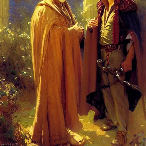 Image similar to handsome arthur pendragon in love with handsome merlin the mage. highly detailed painting by gaston bussiere, craig mullins, j. c. leyendecker