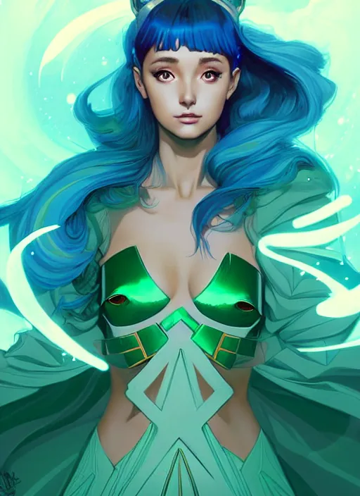 Prompt: style artgerm, joshua middleton, illustration, ariana grande as a high priestess wearing green pelt light armor, anime eyes, blue hair, swirling water cosmos, fantasy, dnd, cinematic lighting