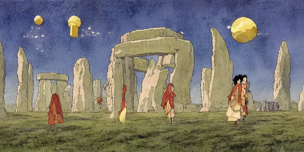 Image similar to a hyperrealist studio ghibli watercolor fantasy concept art of a giant chinese god and a small grey alien in stonehenge in the early morning. a giant gold ufo is floating in the air. by rebecca guay, michael kaluta, charles vess