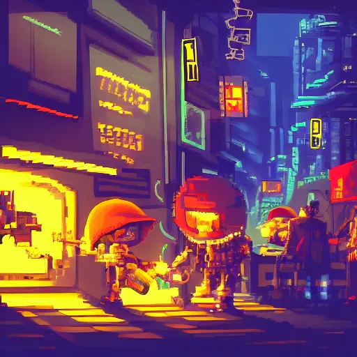 Prompt: fantastic lighting, pixel art, high detail , 16 bits, cyberpunk market, 2d