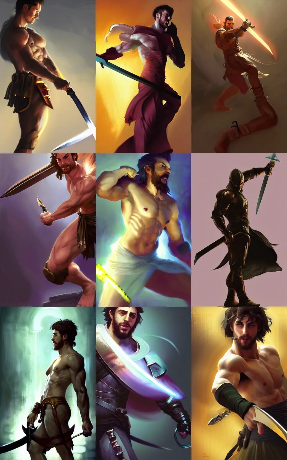 Prompt: character concept portrait of happy Aaron Taylor Johnson as a warrior attacking with a glowing sword. Magic aura, fit, abs, robes, elegant, dynamic perspective, digital painting, concept art, smooth, sharp focus, illustration, from Metal Gear, by Ruan Jia and Mandy Jurgens and William-Adolphe Bouguereau, Artgerm