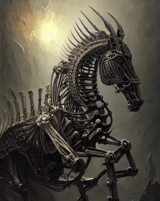 Prompt: fractal horse by giger, partially skeleton, partially robot, deep focus, d & d, dark fantasy, intricate glow accents, elegant, highly detailed, digital painting, artstation, concept art, matte, sharp focus, 8 k 3 d, hearthstone, art by artgerm and greg rutkowski and alphonse mucha