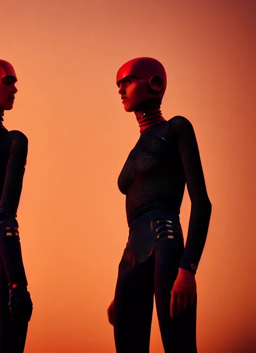 Image similar to cinestill 5 0 d photographic portrait by steve mccurry of two loving female androids wearing rugged black mesh techwear in a brutalist compound with a red sky, extreme closeup, cyberpunk style, dust storm, 8 k, hd, high resolution, 3 5 mm, f / 3 2, ultra realistic faces, ex machina