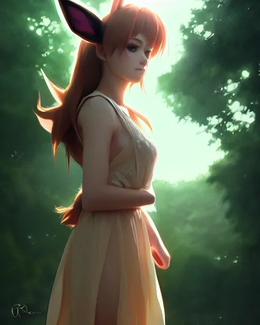 Image similar to photo of eevee pokemon humanisation, in lace brown dress, film still, dslr, by greg rutkowski, ross tran, artgerm, wlop glossy skin, pearlescent, very coherent