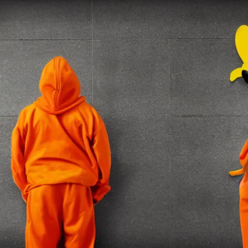 Prompt: inmate with orange suit and bee head