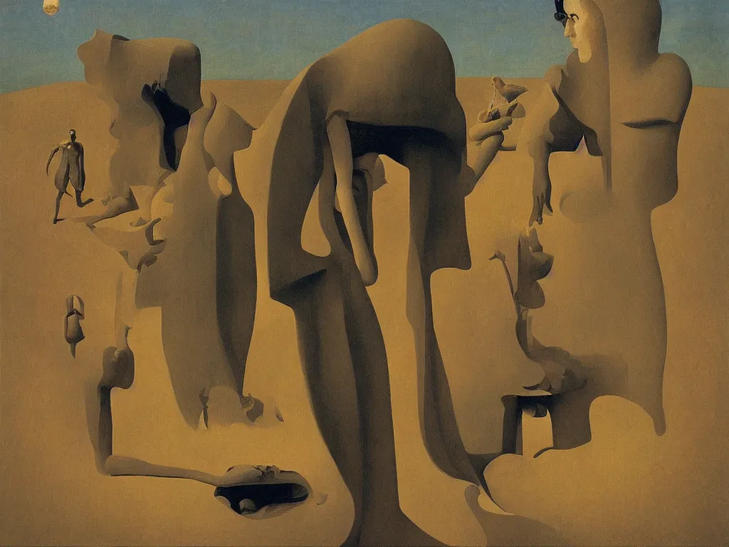 Image similar to Hermit living under the giant dress of a woman, making surreal sculptures in the sand. Still life with teeth. Zurbaran, Rene Magritte, Jean Delville, Max Ernst, Roger Dean