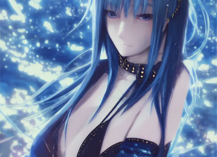 Prompt: rimuru with sky blue straight hair, bangs, amber eyes, gold eyes, wearing a black studded jacket, high collar, ultra detailed, concept art, mean look, award winning photography, digital painting, cinematic, by wlop, anime key visual, closeup, pixiv, 8 k, yoshitaka amano, ilya kuvshinov,