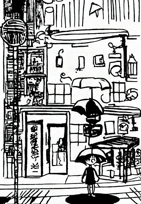 Prompt: little boy holding an umbrella in front of a bar at night, full moon, anime style, minimalist, black and white artwork,