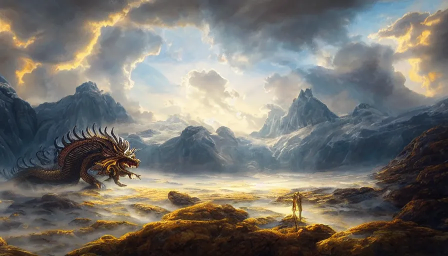 Image similar to epic golden dragon in a nordic landscape under bright daylight with very, very, very beautiful clouds, painted by Hans Fredrik Gude, Greg Rutkowksi, Peter Mohrbacher and Artgerm, concept art 2022, ultra realistic masterpiece, contrasting details vs blank areas, oil on canvas