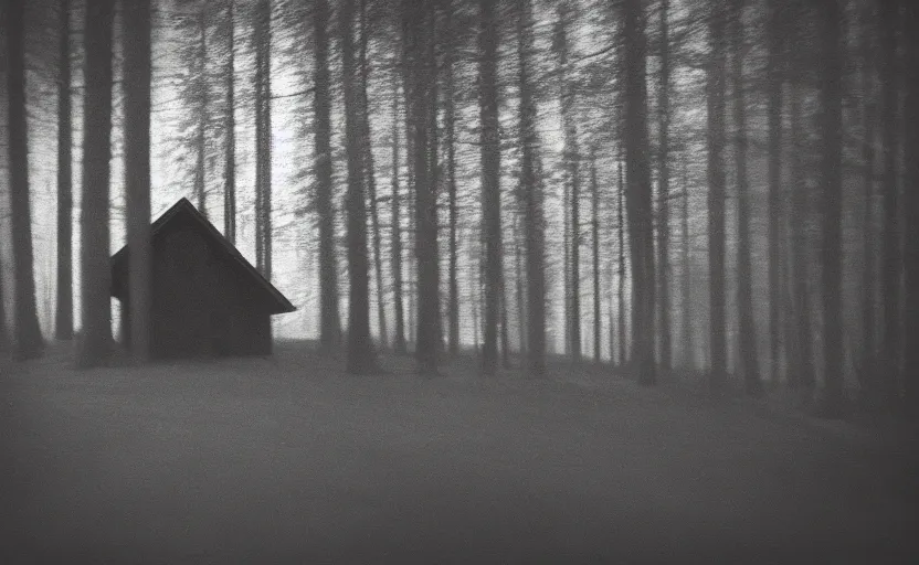 Prompt: house in the wood, black wolf guarding by denis villeneuve, pinhole analogue photo quality, blur, unfocus, cinematic, 35mm, monochrome