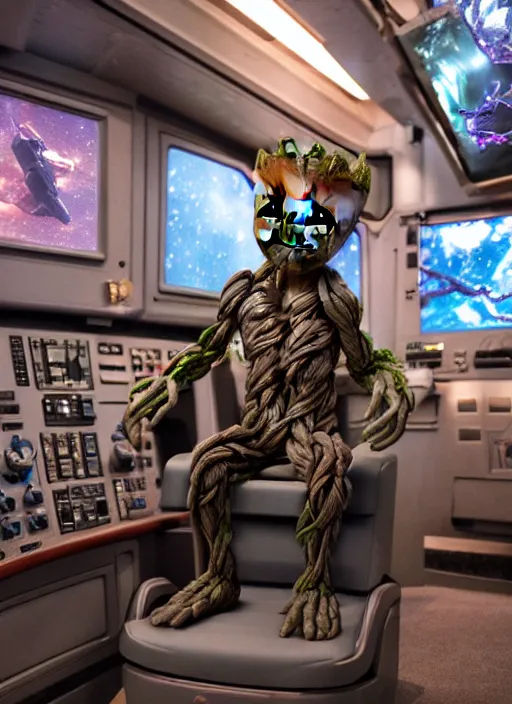 Image similar to baby groot sitting in the captains chair of the uss enterprise, photo realistic, centered in frame