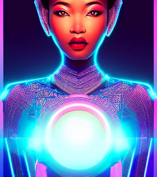 Image similar to symmetry!! asian princess of technology, solid cube of light, hard edges, product render retro - futuristic poster scifi, lasers and neon circuits, beautiful dark skin african princess, intricate, elegant, highly detailed, digital painting, artstation, concept art, smooth, sharp focus, illustration, dreamlike, art by artgerm