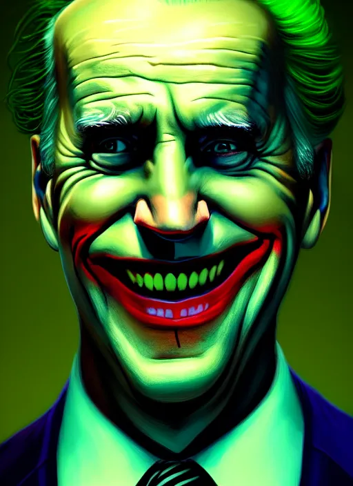 Image similar to portrait of joe biden as the joker, green hair, intricate, elegant, glowing lights, highly detailed, digital painting, artstation, concept art, sharp focus, illustration, art by wlop, mars ravelo and greg rutkowski