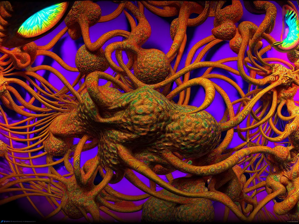 Prompt: psychedelic, realistic render of art by ernst haeckel and daniel martin diaz, 8 k, unreal engine render, cinematic light, dream