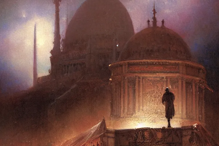 Image similar to illustration of a black dome on a stage. a malevolent man stands on top of the dome grandstanding. art by gaston bussiere.