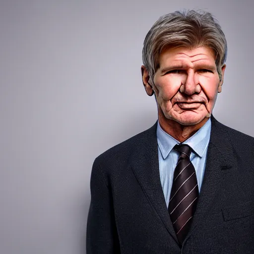 Prompt: the face of a succesful man who slightly resembles young Harrison Ford. highly detailed uncropped full-color epic corporate portrait photograph. best corporate photoraphy photo winner, meticulous detail, hyperrealistic, centered uncropped symmetrical beautiful masculine facial features, atmospheric, photorealistic texture, canon 5D mark III photo, professional studio lighting, aesthetic, very inspirational, motivational