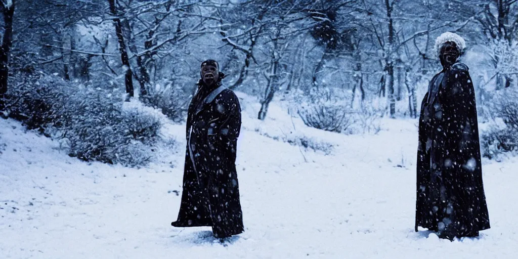 Prompt: a film still of a black man in the snow starring in a japanese blockbuster film as yoshimitsu, shallow depth of field, cinematic, award winning cgi, vfx, film still