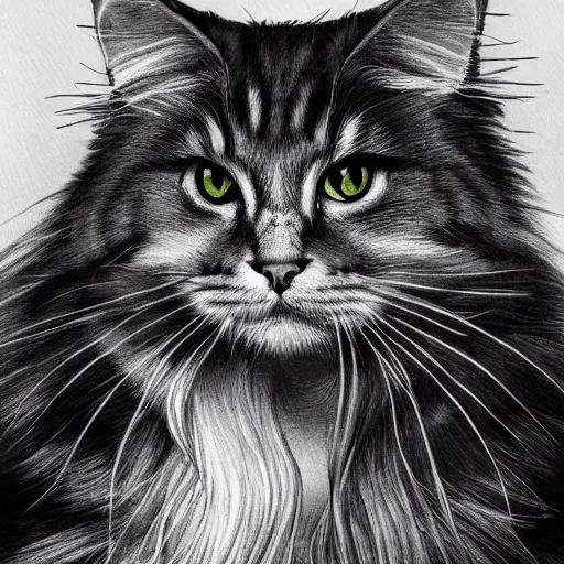 Image similar to long - haired siberian cat, illustration, charcoal, trending, artstation, hyper - detailed, coulson, peter