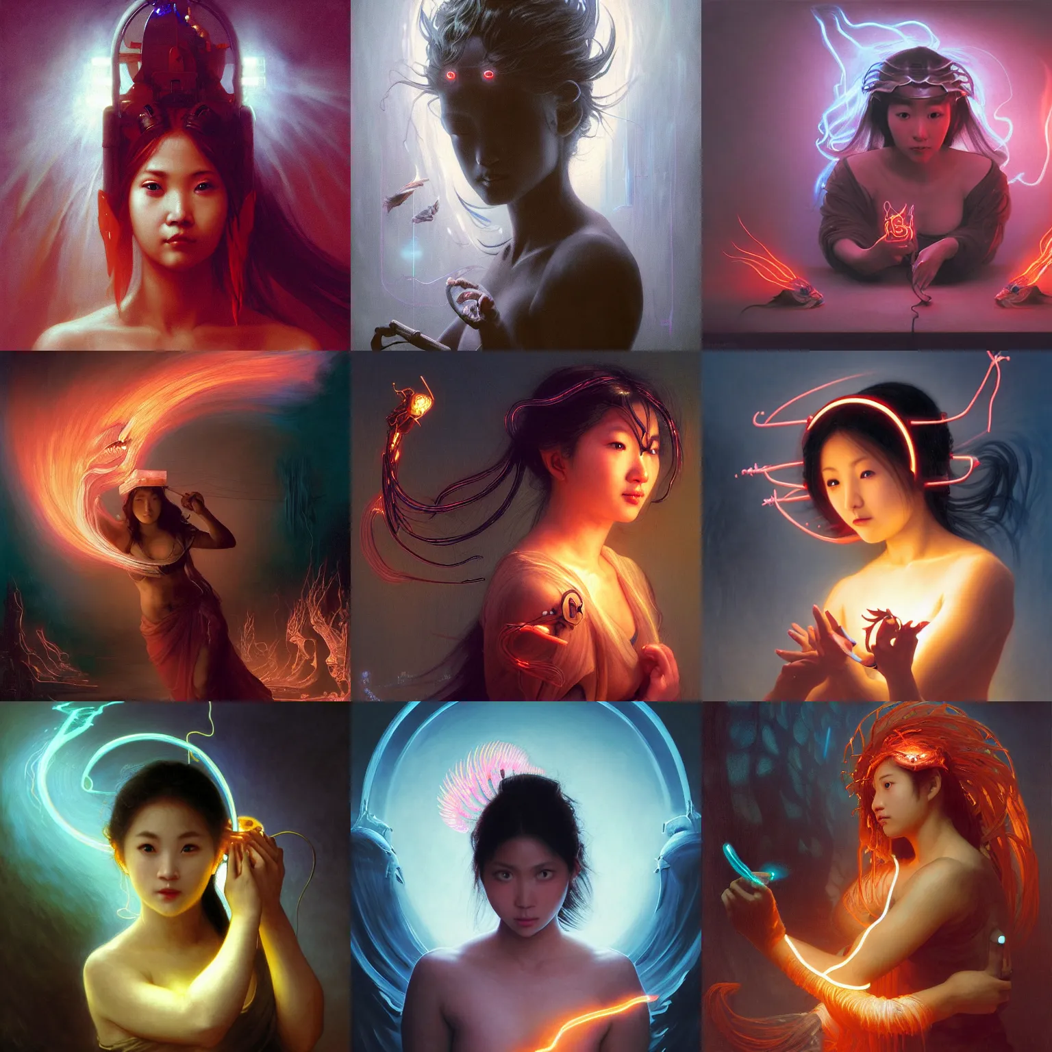 Prompt: awe-inspiring award-winning concept art painting of attractive asian female anglerfish fanfin seadevil in neon shrouds as the goddess of lasers, sparks, by Michael Whelan, William Adolphe Bouguereau, John Williams Waterhouse, and Donato Giancola, cyberpunk, extremely moody lighting, glowing light and shadow, atmospheric, shadowy, cinematic, 8K,