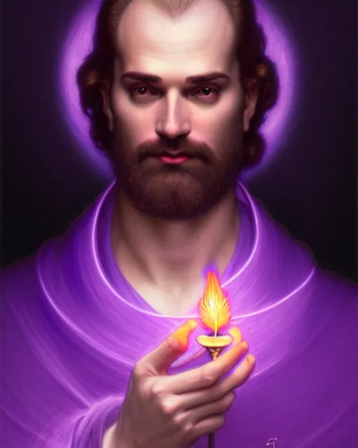 Image similar to portrait of saint germain, he is holding the violet purple indigo flame, completely violet colored, intricate, elegant, highly detailed, digital painting, artstation, concept art, smooth, sharp focus, illustration, art by artgerm and greg rutkowski and fra angelico and alphons mucha