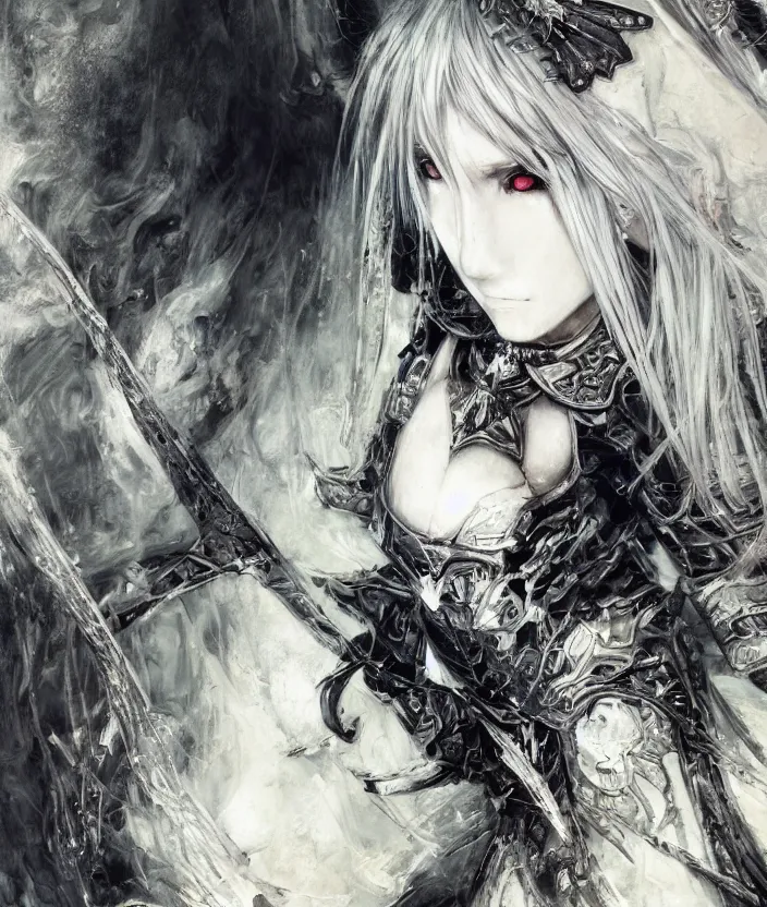 Image similar to Yoshitaka Amano realistic illustration of an anime girl with white hair and cracks on her face wearing dark souls armour with the cape fluttering in the wind, abstract black and white patterns on the background, noisy film grain effect, highly detailed, Renaissance oil painting, weird portrait angle