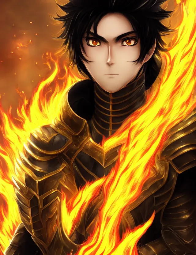 Image similar to a detailed manga portrait of a black haired man with hazel eyes in gleaming golden armour that burns with golden fire, trending on artstation, digital art, 4 k resolution, detailed, high quality, sharp focus, hq artwork, coherent, insane detail, character portrait