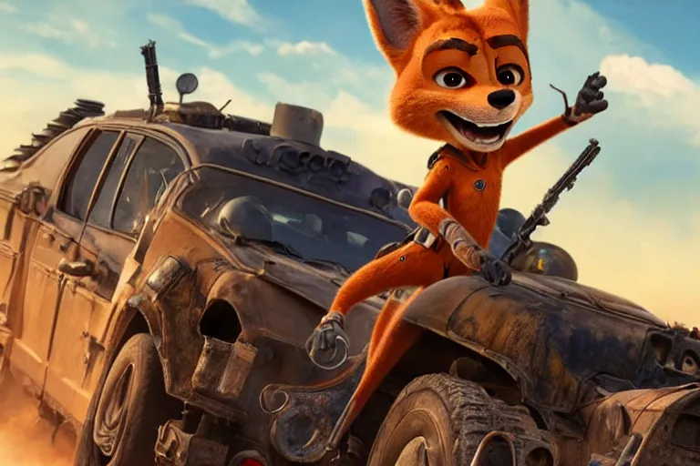 Image similar to nick wilde ( from zootopia ), heavily armed and armored facing down armageddon in a dark and gritty reboot from the makers of mad max : fury road : witness me