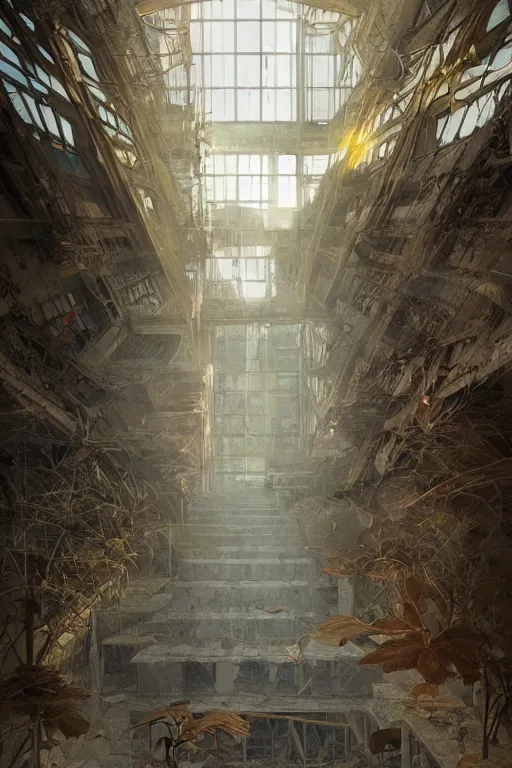 Image similar to i climb up on the endless stairs inside this decayed hitech brutalist building, rays of lights breaking through the holes in the walls, ruined litter, monumental, global illumination, by rhads and ferdinand knab and makoto shinkai and alphonse mucha