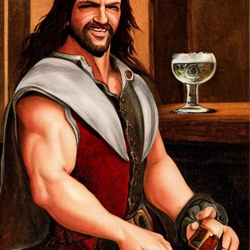 Image similar to Beautiful renaissance style painting of Trevor Belmont from Castlevania, enjoying a pint of ale at a tavern, HDR, happily smiling at the camera, holding the pint of ale, sitting at the bar, warm lantern lighting.