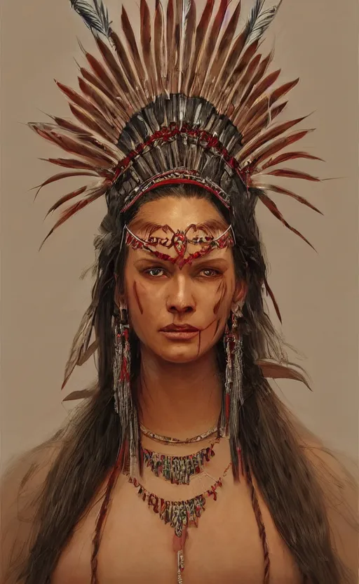 Image similar to gorgeous redskin woman wearing headdress, intricate, elegant, highly detailed, artstation, concept art, smooth, sharp focus, illustration, art by stefan kostic and greg rutkowski