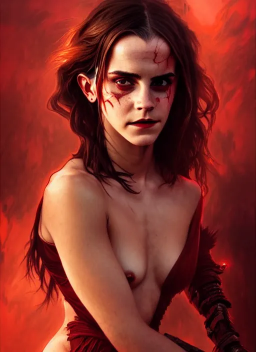 Image similar to portrait of emma watson as demon, red skin, batwings, hell, intricate, headshot, highly detailed, digital painting, artstation, concept art, sharp focus, cinematic lighting, illustration, art by artgerm and greg rutkowski, alphonse mucha, cgsociety