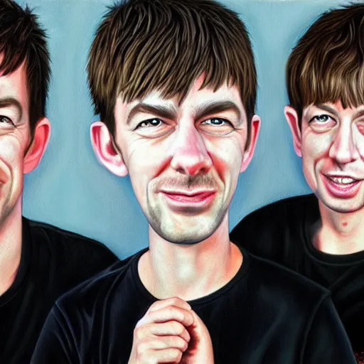 Prompt: Caricature portraits done of the band Blur, realistic, hyperrealistic, very realistic, highly detailed, very detailed, extremely detailed, detailed, oil painting, digital art, trending on artstation