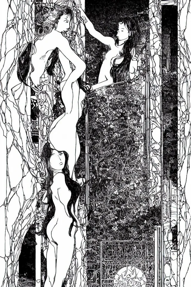 Image similar to beautiful woman at the entrance of the temple of desire by sergio toppi and apollonia saintclair