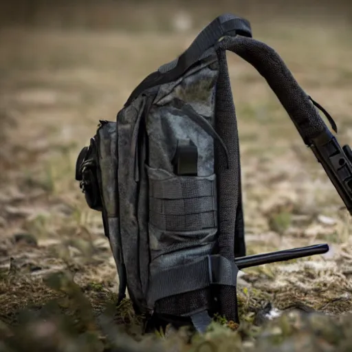 Prompt: a backpack with a rifle barrel sticking out of the top. photo taken by a 2,2mm lens, the lens has dust on it.